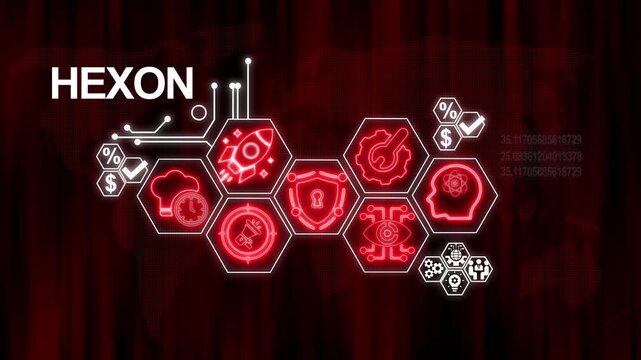 HEXON Digital Technology Network with Futuristic Icons and World Map Background HEXON