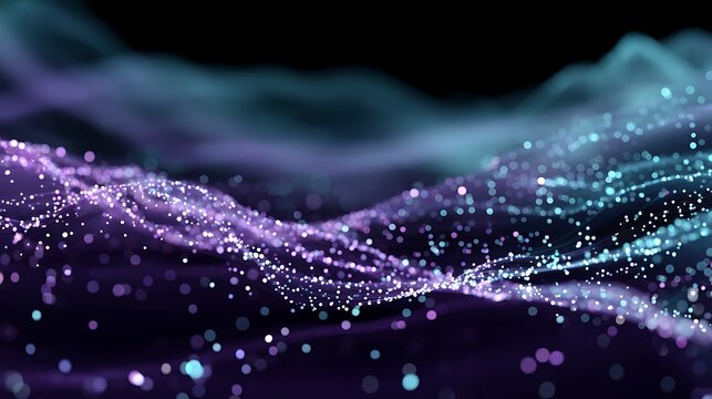 Floating digital data nodes in purple-teal with soft glowing particles, blank space for title and data-driven message, perfect for modern tech reports