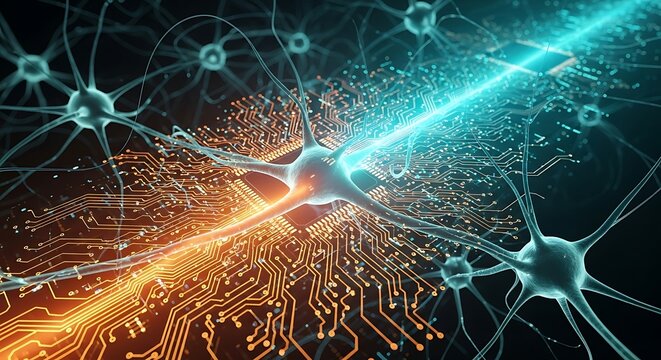 Experience the future of artificial intelligence and neuroscience with vibrant neural networks interconnected with glowing digital circuits and advanced technology