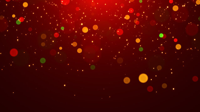 christmas and new year glitter stars and red green bokeh lights falling rain ,light ray with shiny and glowing gold particles social media background	