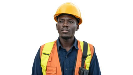 An African American construction worker in a yellow hard hat and orange safety vest, looking thoughtfully sideways. background removed