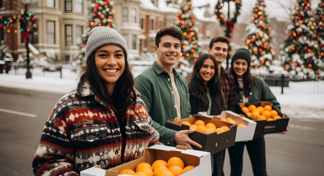 Volunteers Spread Holiday Cheer with Oranges in Snowy Town Square