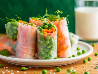 Fresh Spring Rolls with Vegetables and Herbs Healthy Vegan Asian Cuisine Delightful Presentation Macro Shot