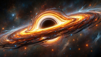 Spectacular Black Hole with Accretion Disk Surrounded by Stars and Nebulae in a Cosmic Space Art Painting