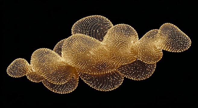 Gold and silver clouds appear on a black background, interconnected by a network of wires