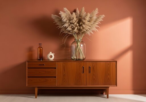 Elegant Mid Century Modern Wood Sideboard with Dried Pampas Grass Decor Accents for Cozy Living Spaces - Powered by Adobe