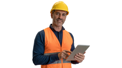 Smiling male engineer or construction worker in a yellow hard hat and orange safety vest uses a tablet, looking confidently at the camera. background removed