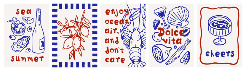 Obraz na płótnie Canvas Dolce Vita holiday posters set. Italian doodle style cards with seafood, limoncello, lobster and lemon. Vertical background designs with Mediterranean food and drink. Hand-drawn vector illustrations