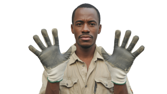 A serious Black man wearing work gloves holds up both hands, looking directly at the camera against a transparent background. background removed - Powered by Adobe
