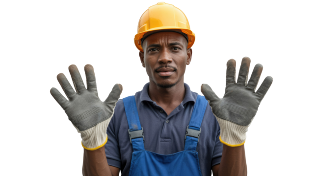 An African American construction worker in a hard hat and overalls, wearing work gloves, holds hands up, palms forward. background removed