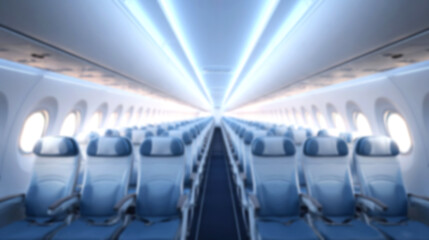 Fototapeta premium Interior view of an airplane cabin featuring rows of empty blue seats, illuminated by soft overhead lighting, creating a spacious and modern travel environment