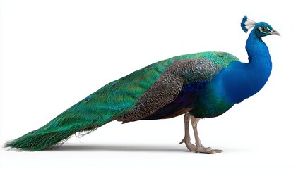 Fototapeta premium Colorful peacock standing elegantly on white background during daylight