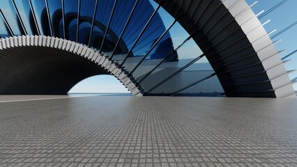 Abstract curved architecture background, Car presentation backdrop with empty concrete floor, Arch curve glass geometric entrance building design, 3d rendering