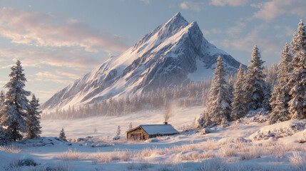 Winter cabin scene with mountain backdrop and soft sunlight on snowy ground