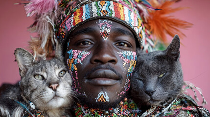 African man adorned in colorful traditional attire, showcasing intricate facial paint, holds two cats, creating a vibrant cultural expression with a striking background