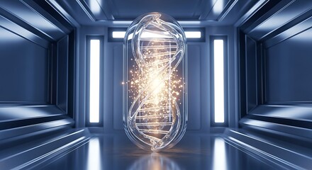 Revolutionary DNA helix glowing with golden particles inside a futuristic laboratory, symbolizing scientific breakthrough and genetic discovery in advanced research