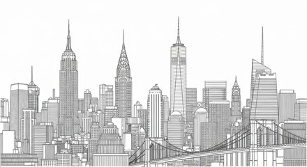 Naklejka premium Striking monochromatic line drawing of the iconic New York City skyline on a white backdrop
