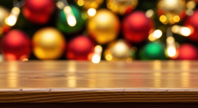 Wooden tabletop with blurred festive Christmas ornaments background