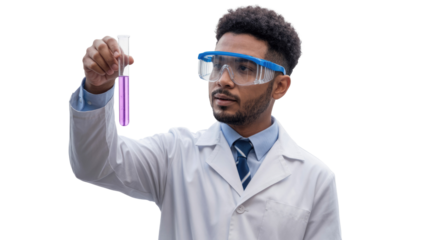 A focused male scientist in a lab coat and safety goggles intently examines a test tube with purple liquid, conducting an experiment. background removed