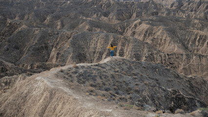 Small woman hiking along canyon rim demonstrates scale contrast between human and massive geological formations in dramatic natural landscape