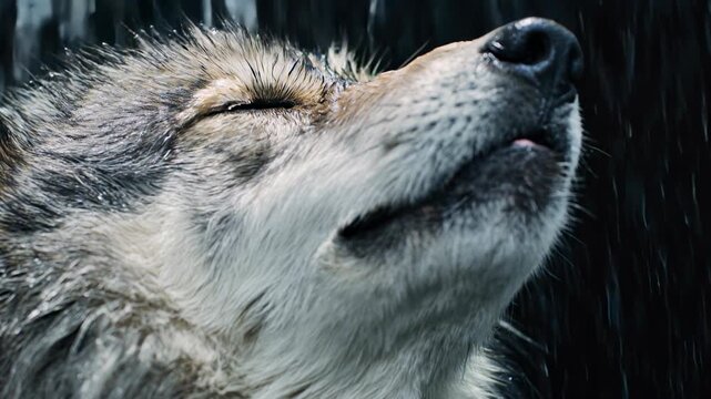 Close wolf shakes its head mid-spray, eyes clamped as a halo of droplets flares; visceral, cinematic wildlife texture that communicates resilience, instinct and the raw thrill of the wild.