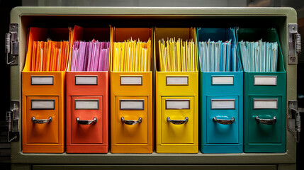 Colorful file organizer with vibrant folders in various shades, neatly arranged in drawers, showcasing an organized workspace and efficient document management system