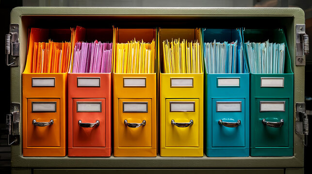 Colorful file organizer with vibrant folders in various shades, neatly arranged in drawers, showcasing an organized workspace and efficient document management system