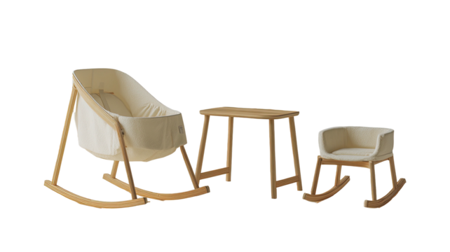 Wooden child's furniture set crib, chair, table. Minimalist design