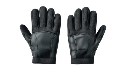 Black tactical gloves, palms-up, isolated on a dark background