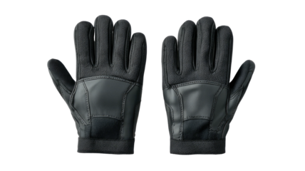 Black tactical gloves, palms-up, isolated on a dark background
