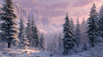 Winter landscape of snow covered trees mountain scenery with cloudy sky in forest