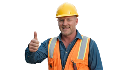 Happy construction worker in safety gear gives a thumbs-up, showing approval and professionalism. background removed