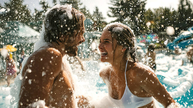 Young couple enjoying playful moments in a water park, surrounded by splashes of water and foam, creating a joyful and vibrant atmosphere of summer fun - Powered by Adobe