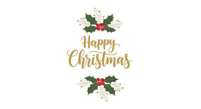 Digital illustration of 'Happy Christmas' in gold cursive text flanked by holly leaves and red berries on a white background with festive gold dots.