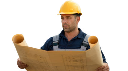 A focused construction worker in a yellow hard hat reviews blueprints, carefully planning a project with attention to detail. background removed