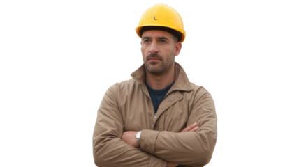 Man in yellow hard hat and tan jacket, arms crossed, looking thoughtfully to the side. Features a beard, isolated on green. background removed