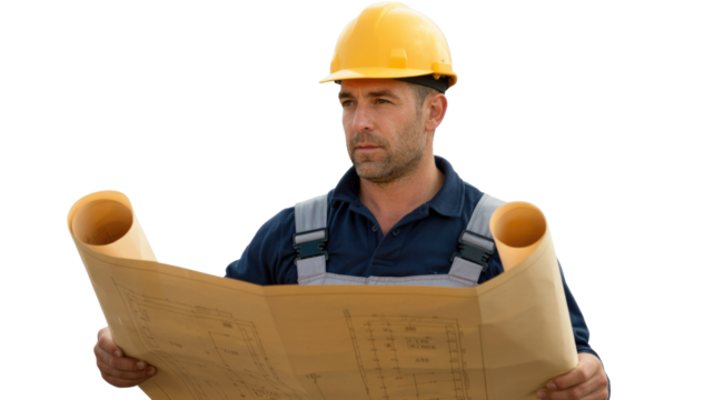A focused construction worker in a yellow hard hat reviews blueprints, carefully planning a project with attention to detail. background removed