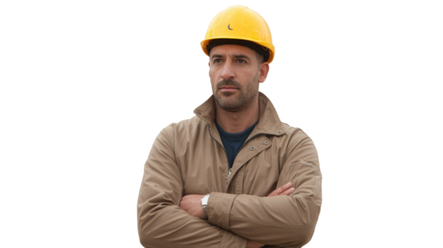 Man in yellow hard hat and tan jacket, arms crossed, looking thoughtfully to the side. Features a beard, isolated on green. background removed