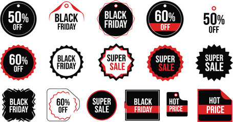 Black Friday sale tag illustration—bold promotional labels with discounts, hot price graphics, and clean shapes for retail marketing visuals