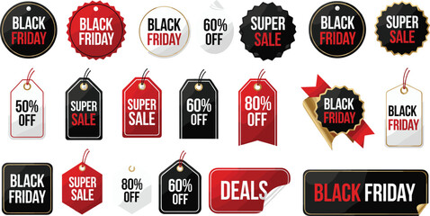 Black Friday sale tag illustration—bold promotional labels with discounts, ribbons, price tags, and gift icons for retail marketing visuals