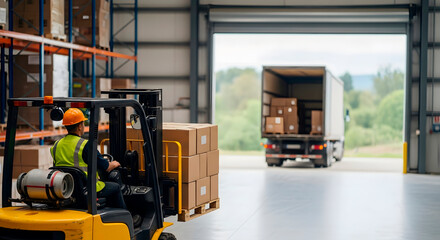 Warehouse worker operating a forklift with stacked boxes on a pallet, preparing for truck loading. Concept of logistics, shipping, and distribution.