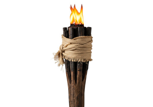 Isolated flaming wooden tiki torch is wrapped in burlap. Celebration, festive event, party