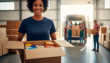 Happy african american woman holding a box of goods for donation in a warehouse with people loading a van. Charity drive concept.