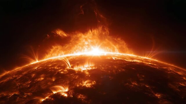 The suns surface erupts with solar flares and prominences in outer space