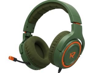 Isolated gaming headset featuring built-in microphone with orange accents for online gameplay