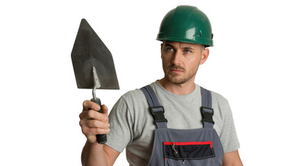 A focused male construction worker in a green hard hat and grey overalls holds a trowel, looking intently. Ready for masonry or plastering work. background removed