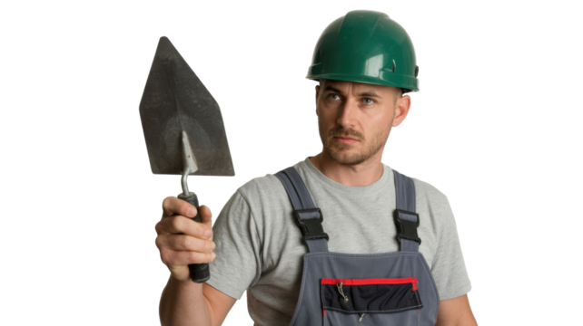 A focused male construction worker in a green hard hat and grey overalls holds a trowel, looking intently. Ready for masonry or plastering work. background removed - Powered by Adobe