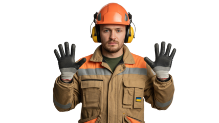 Man in safety gear, hard hat, ear protection, and work gloves, making a stop gesture. Wearing a jacket with a Ukrainian flag. background removed