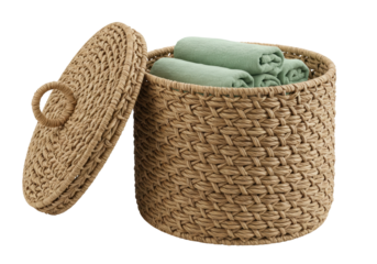 Isolated woven wicker basket container with rolled towels and lift off lid for storage home