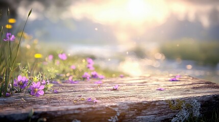 A weathered wooden surface is covered with fallen purple flower petals and surrounded by blooming wildflowers, with soft sunlight filtering through the backgrou